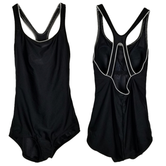 Speedo Womens Swimsuit Racerback Black Size 8 White Trim Racing Solid - Picture 1 of 10